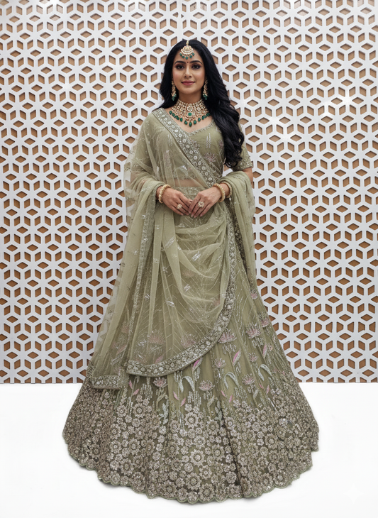 Glacier Cyan Floral Sequence Work Net Lehenga – Elegant Embroidered Wedding & Party Wear Lehenga Choli
