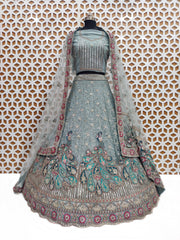 Sea Blue Peacock Embroidery Design Net Lehenga