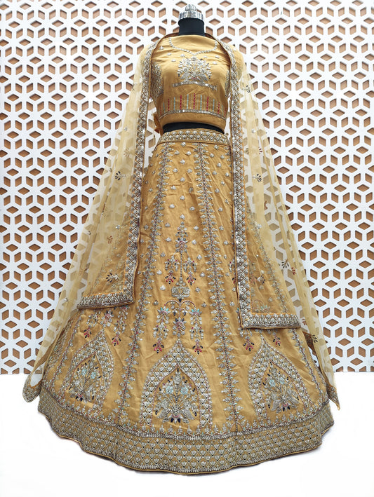 Yellow Thread work Sequence Lehenga with Net Dupatta