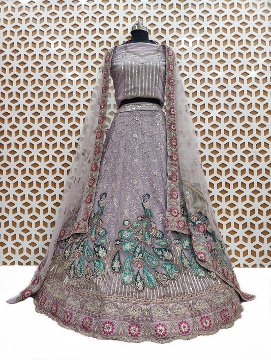 Sea Blue Peacock Embroidery Design Net Lehenga
