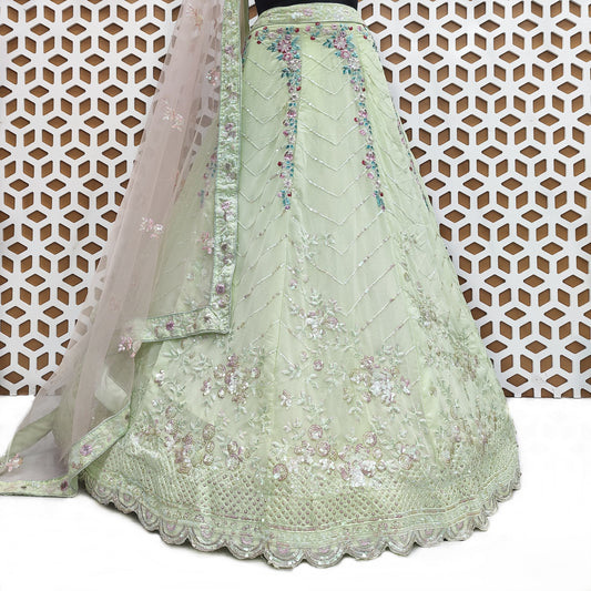 White Embroidery Sequence Work Net Lehenga