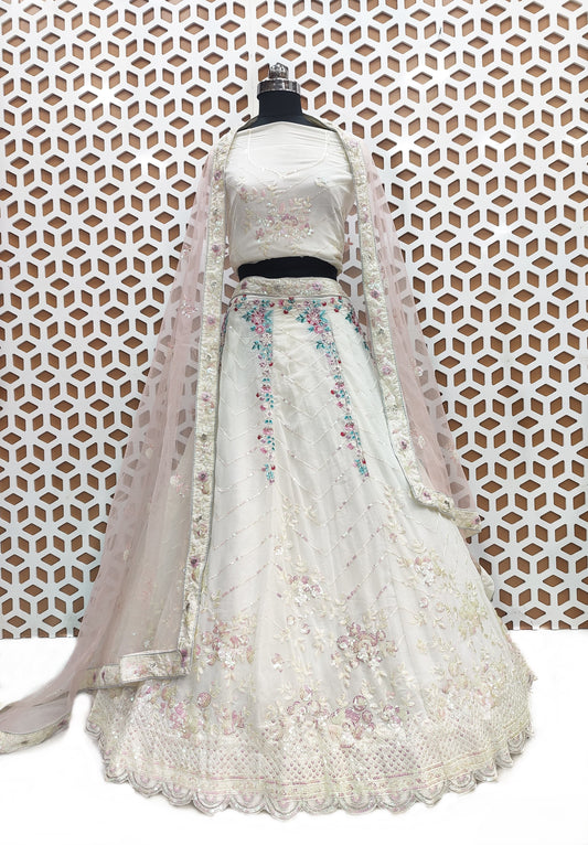 White Embroidery Sequence Work Net Lehenga