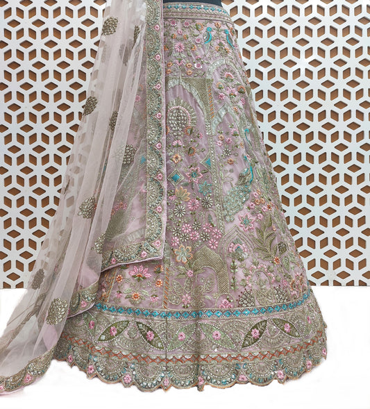 Purple Net Lehenga Choli with Embroidery Work - Traditional Bridal or Festive Wear