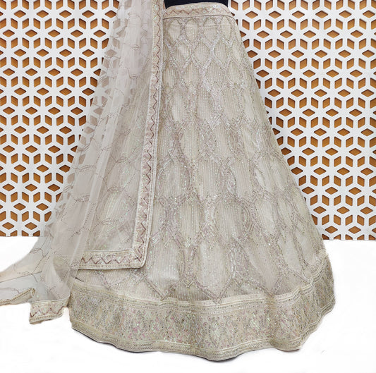 Cherry Red Leaf Print Net Lehenga with Sequence Work