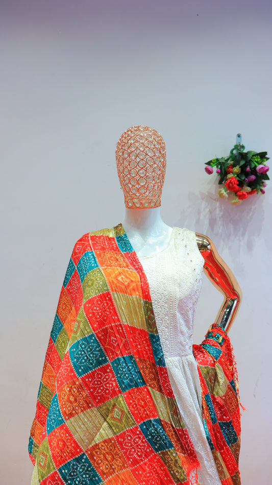 Exquisite White Dress Paired with a Vibrant Colorful Dupatta