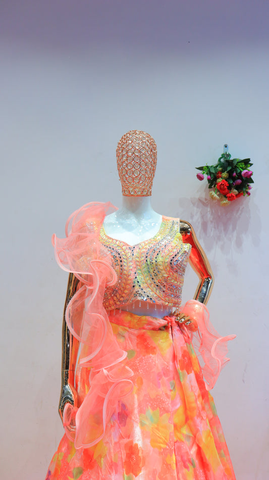 Floral Print Gown in Peachy Hues with Stone Work