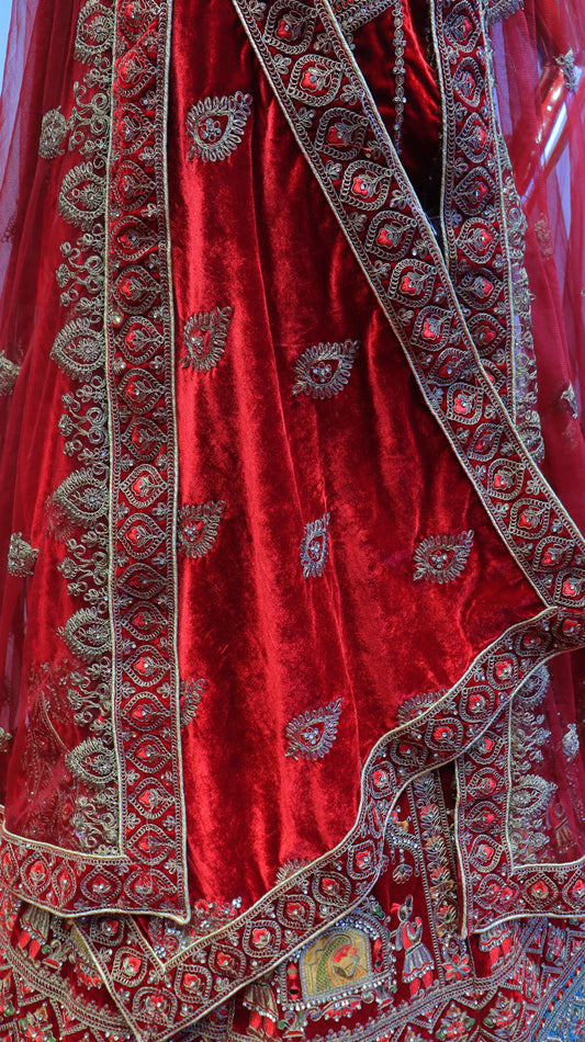 Red Velvet Bridal Lehenga with Jari Embroidery