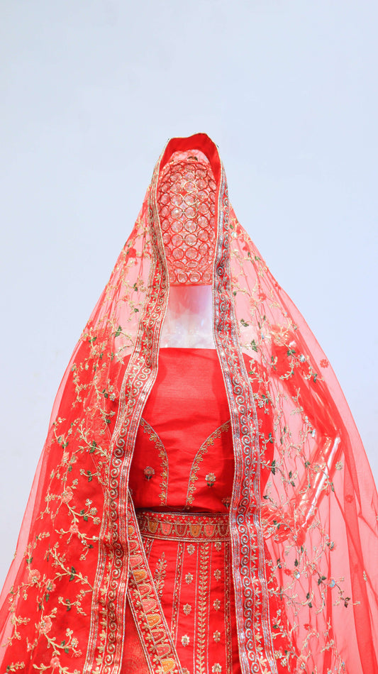 Red Bridal Lehenga with Embroidered Design and Sequin Detailing