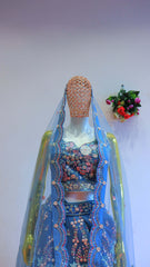 Sea Blue Net Lehenga with Moti Work