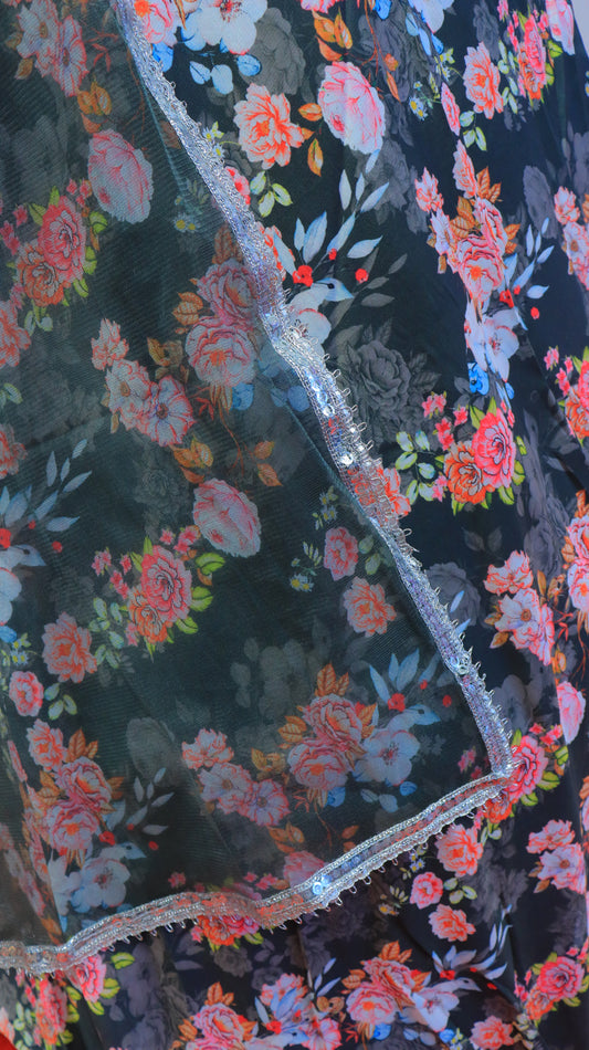 Floral Print Chiffon Gown with Matching dupatta