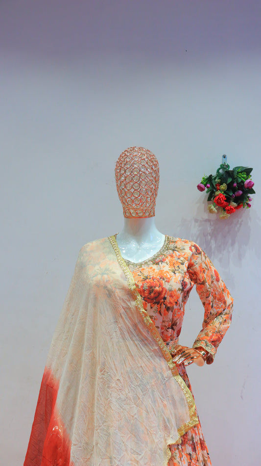 Stunning floral print gown with Red Dupatta