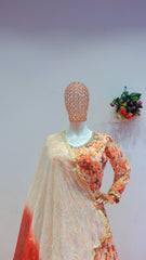 Stunning floral print gown with Red Dupatta