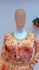 Stunning floral print gown with Red Dupatta