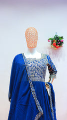 Royal blue gown with intricate silver embroidery