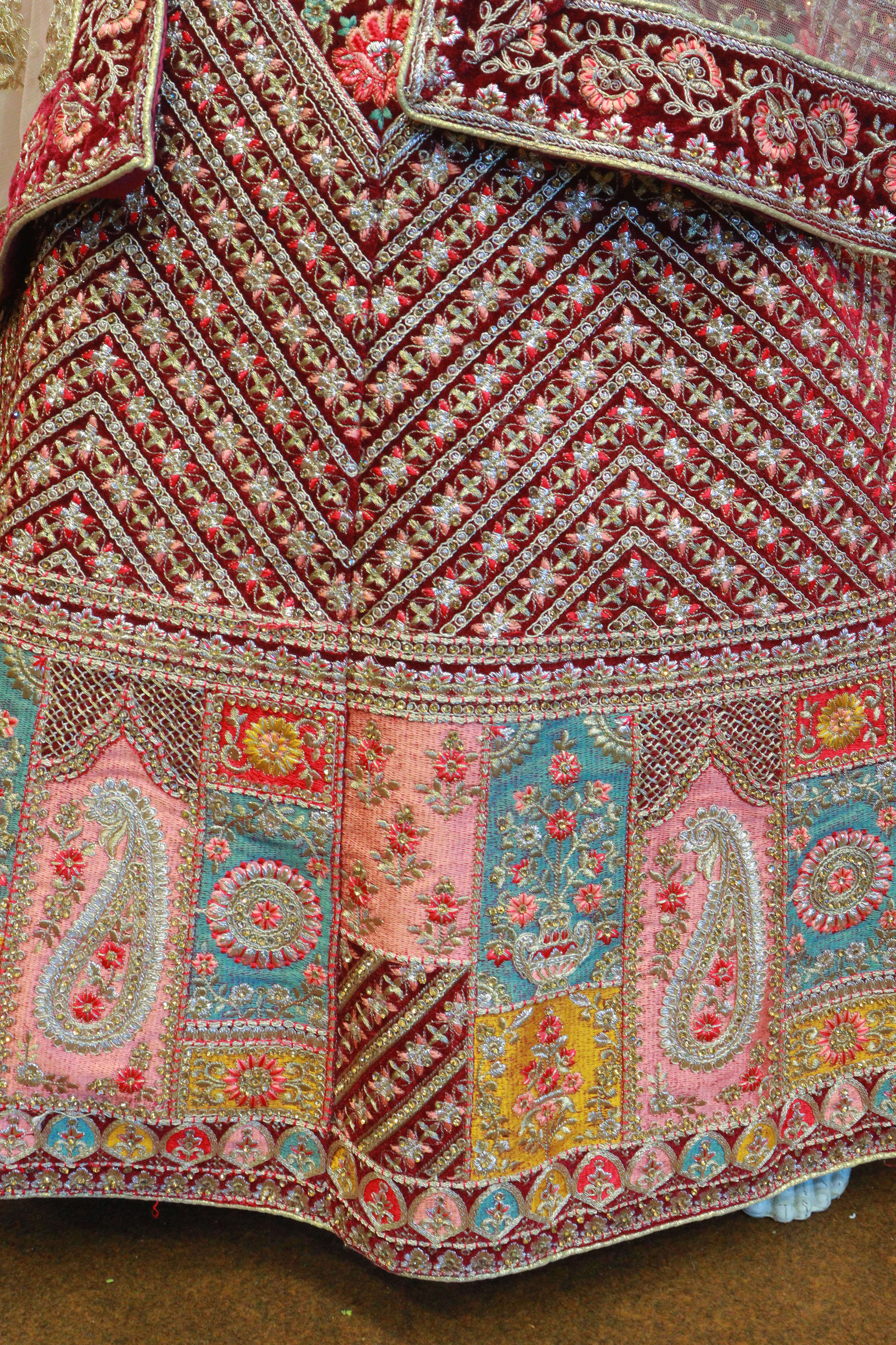 Wine Velvet Bridal Lehenga With Embroidery Work