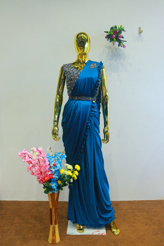 Blue Silk Ready To Wear Saree With Mirror Work Blouse