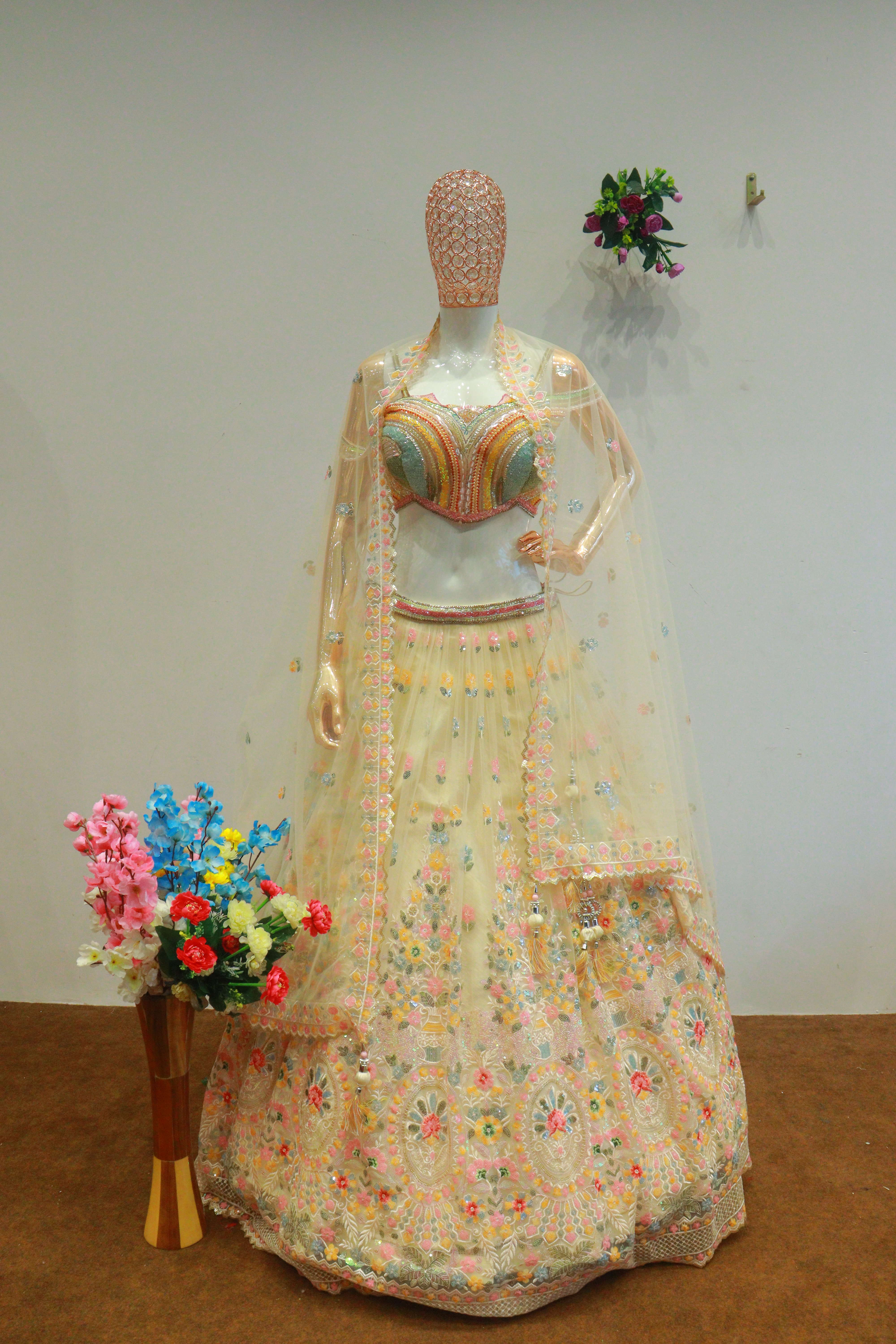 White Net Embroidery Crop-Top With Designer Blouse