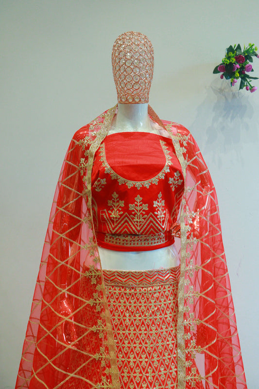 Red Silk Lehenga With Zig Zag Work