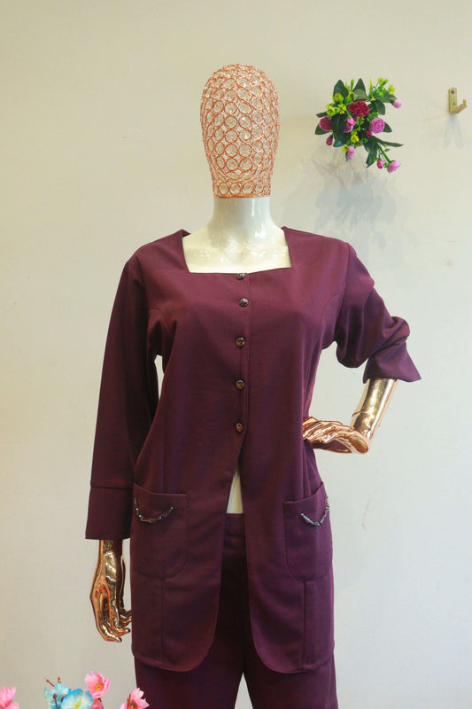 Wine Important Cord-Set With Diamond Work