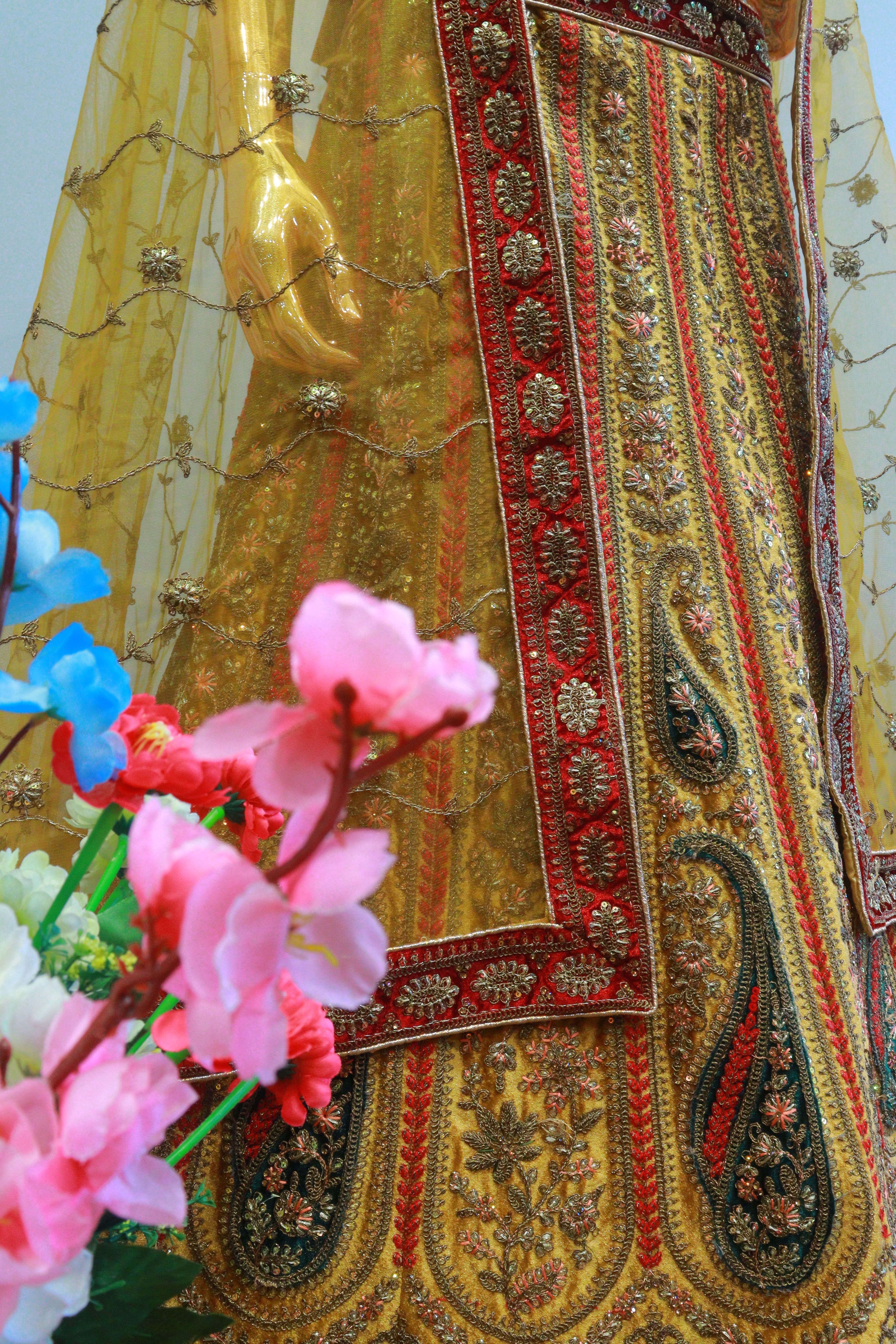 Yellow Velvet Bridal Lehenga With Rajwadi Pattern