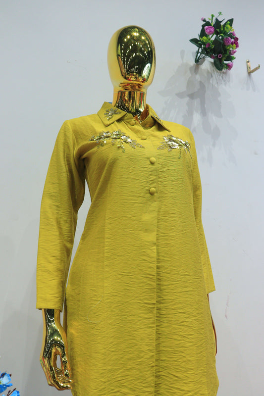 Yellow Vichitra Silk Cord-Set With Hand Work