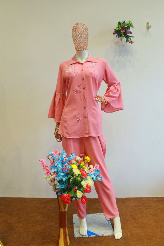 Pink Important Cord-Set With Hand Work