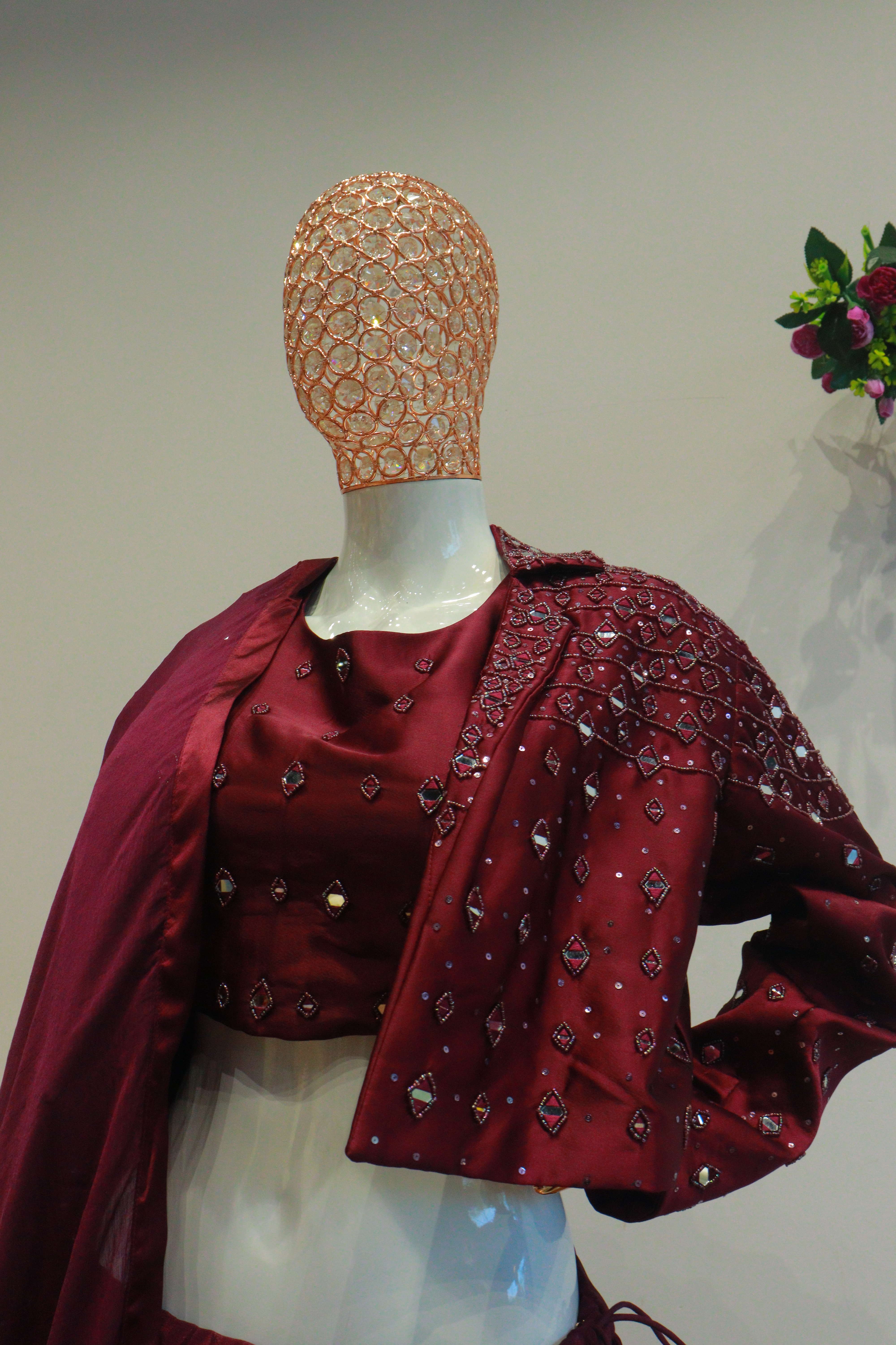 Wine Silk Mirror Work Crop-Top With Hand Work Jacket