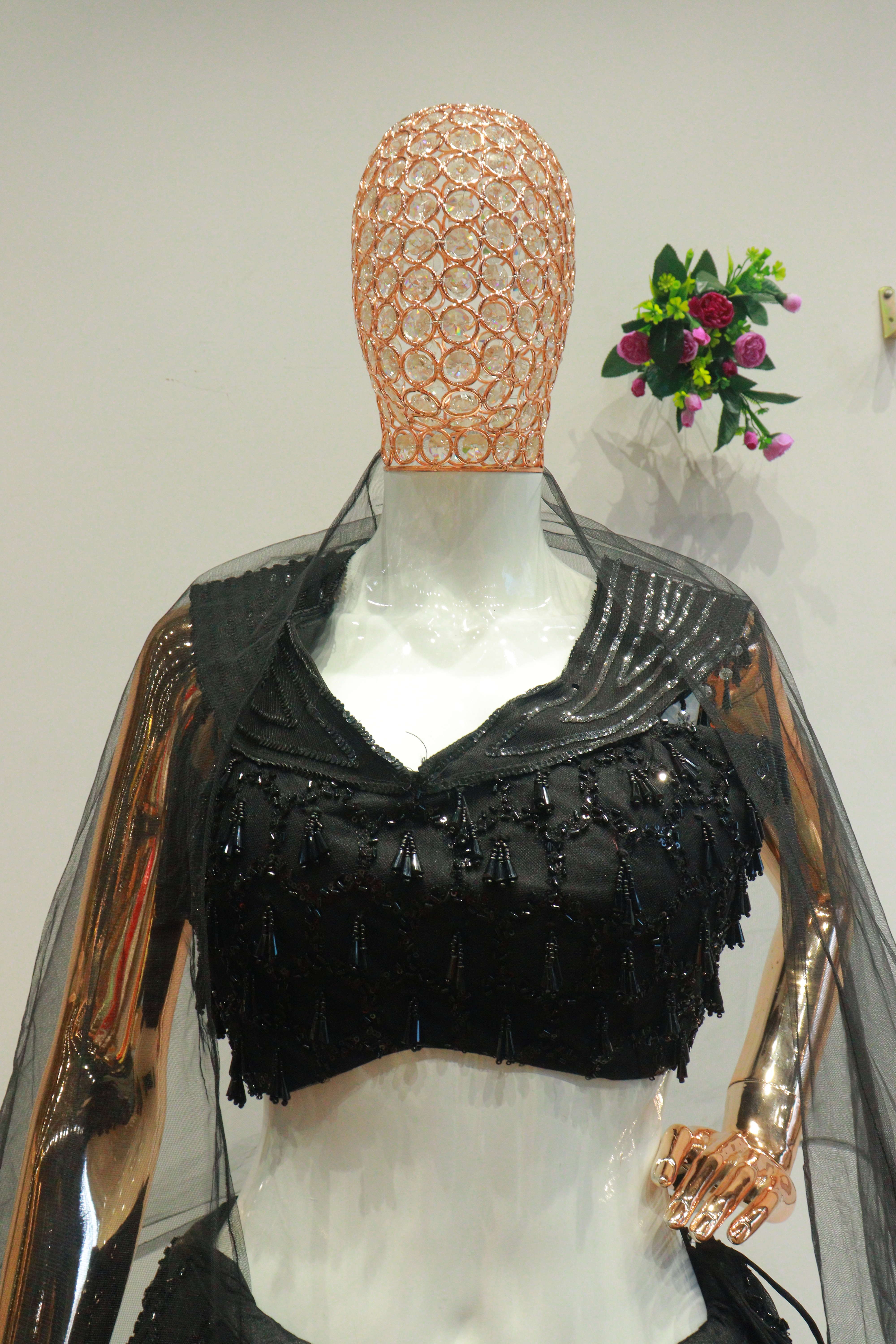 Black Net Crop-Top With Hand Work