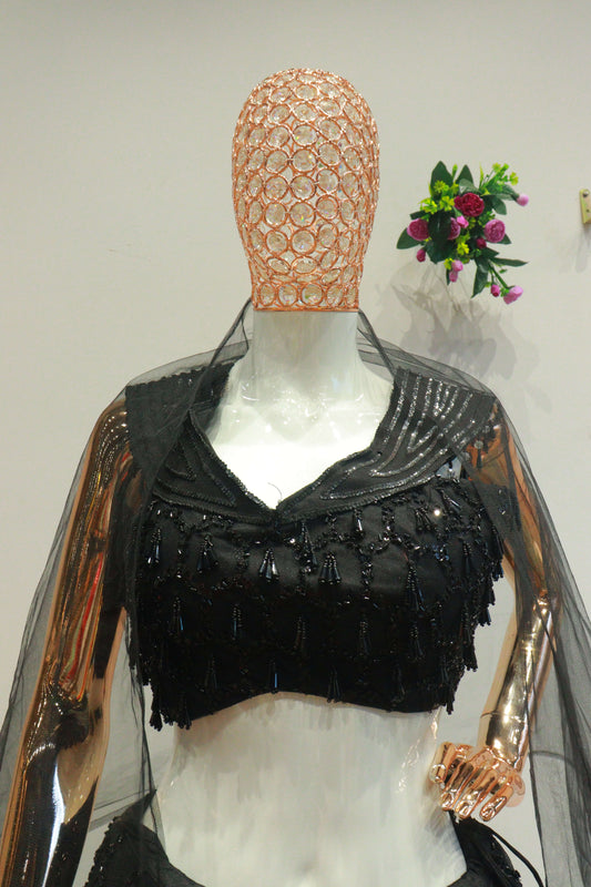 Black Net Crop-Top With Hand Work