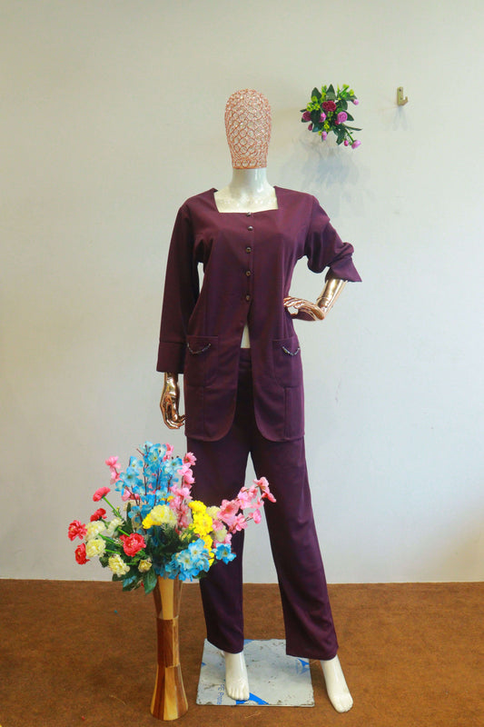 Wine Important Cord-Set With Diamond Work