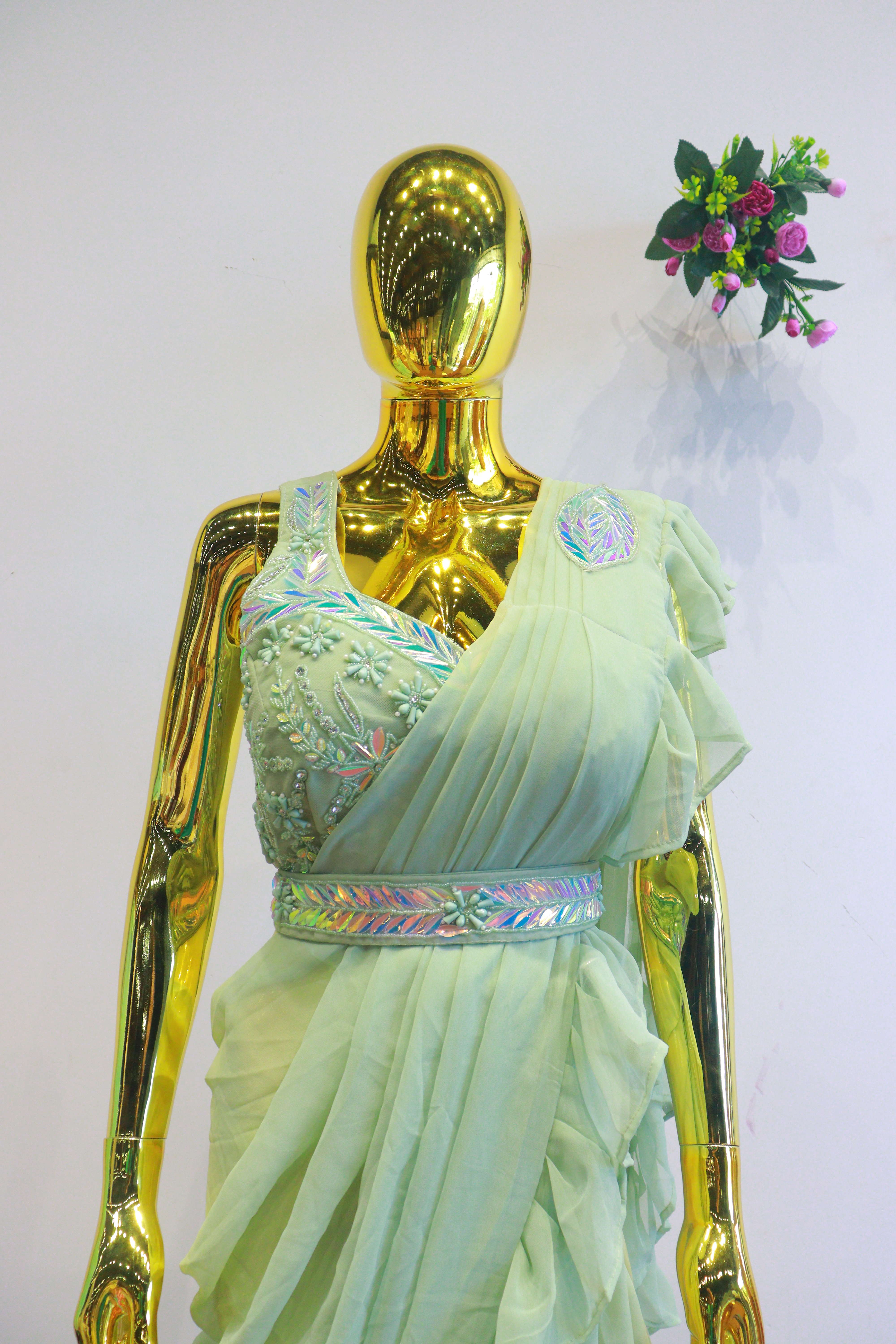 Pista Green Georgette Ready To Wear Saree With Moti Work Blouse