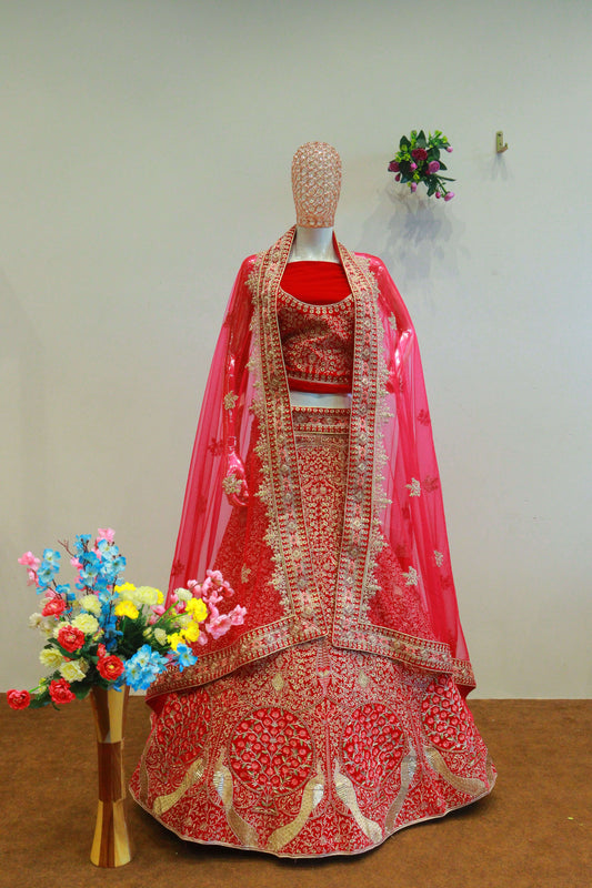 Pink Velvet Bridal Lehenga With Embroidery Work