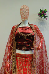 Multi Velvet Bridal Lehenga With Embroidery Work