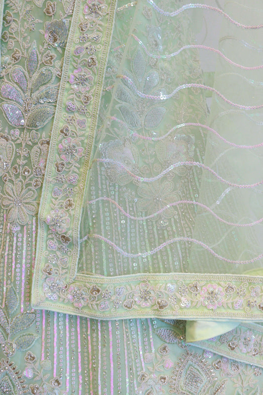 Pista Green Net Lehenga With Flower Work