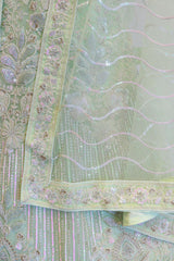 Pista Green Net Lehenga With Flower Work