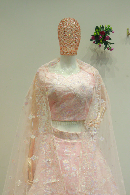 Pink Net Crop-Top With Reti Work