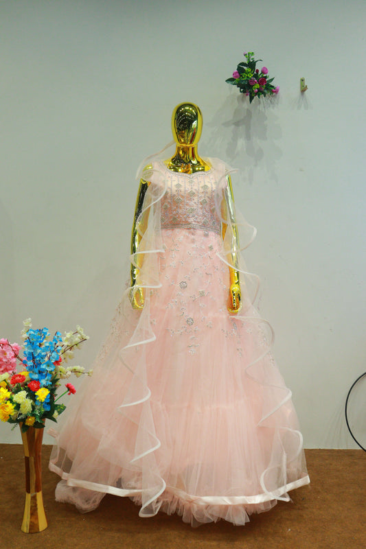 Baby Pink Net Gown With Embroidery Moti Work