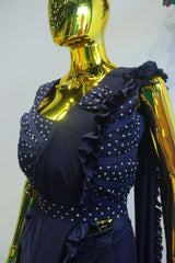 Navy Blue China Silk Ready To Wear Saree With Diamond Work Blouse