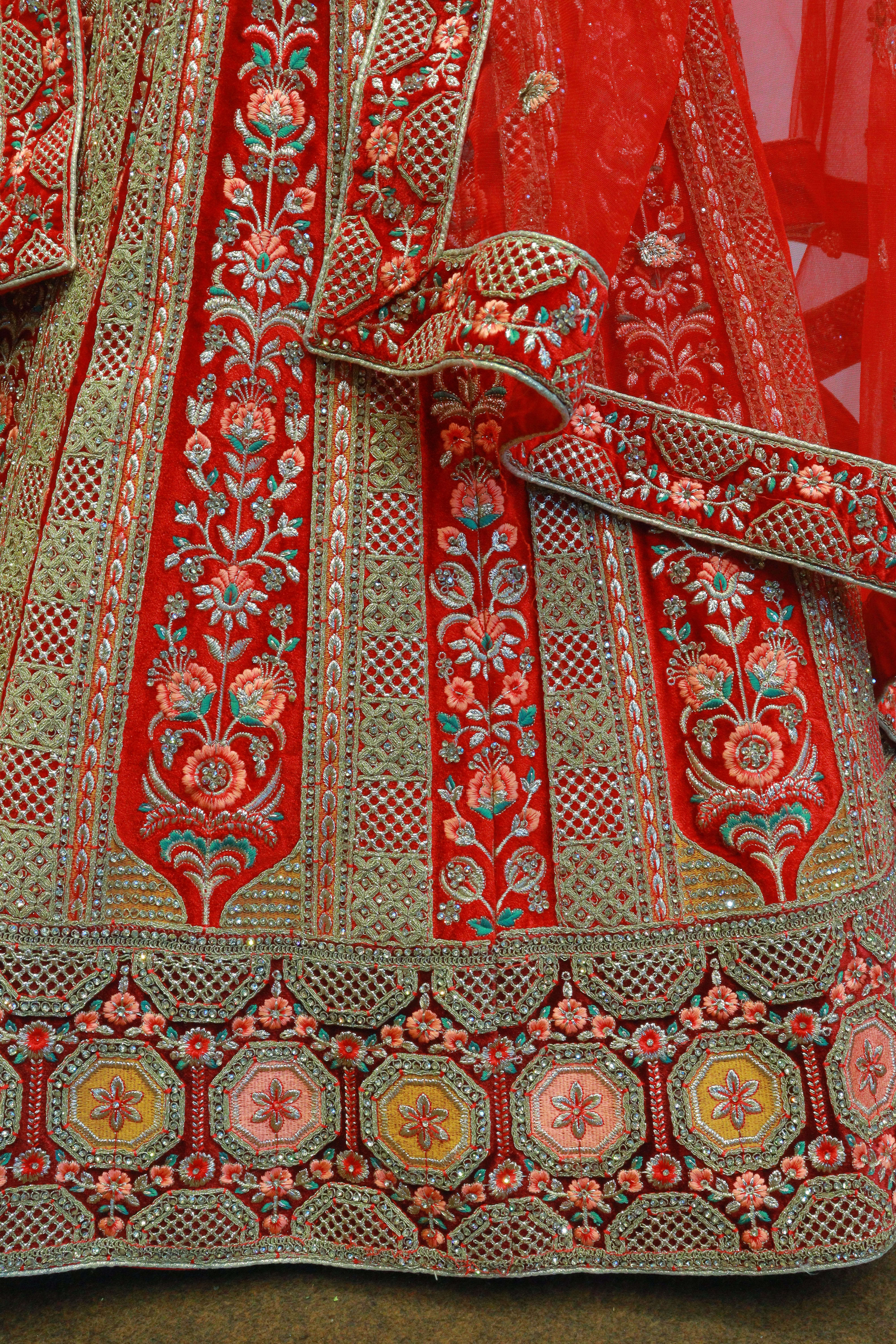 Red Velvet Bridal Lehenga With Embroidery Work