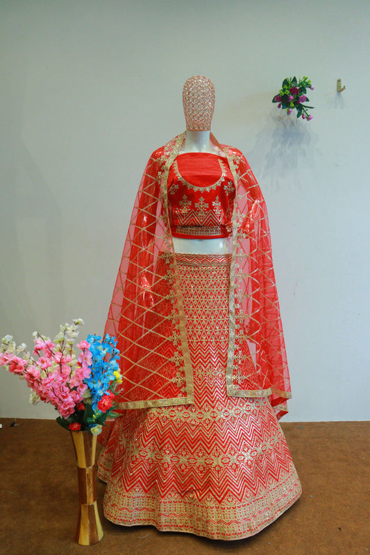 Red Silk Lehenga With Zig Zag Work