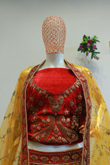 Yellow Velvet Bridal Lehenga With Rajwadi Pattern