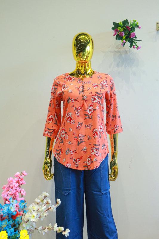 Orange Dival Top With Digital Print