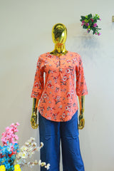 Orange Dival Top With Digital Print