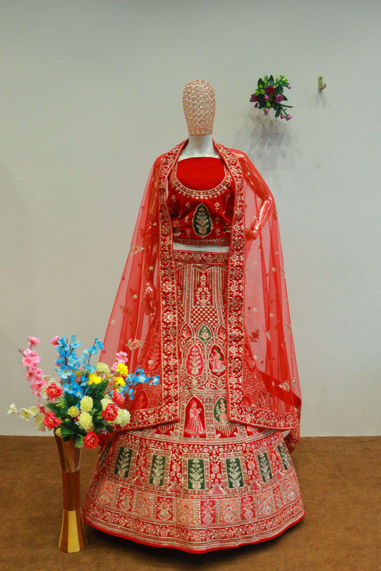 Red Velvet Rajwadi Bridal Lehenga With Embroidery Work