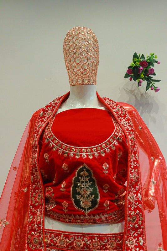 Red Velvet Rajwadi Bridal Lehenga With Embroidery Work