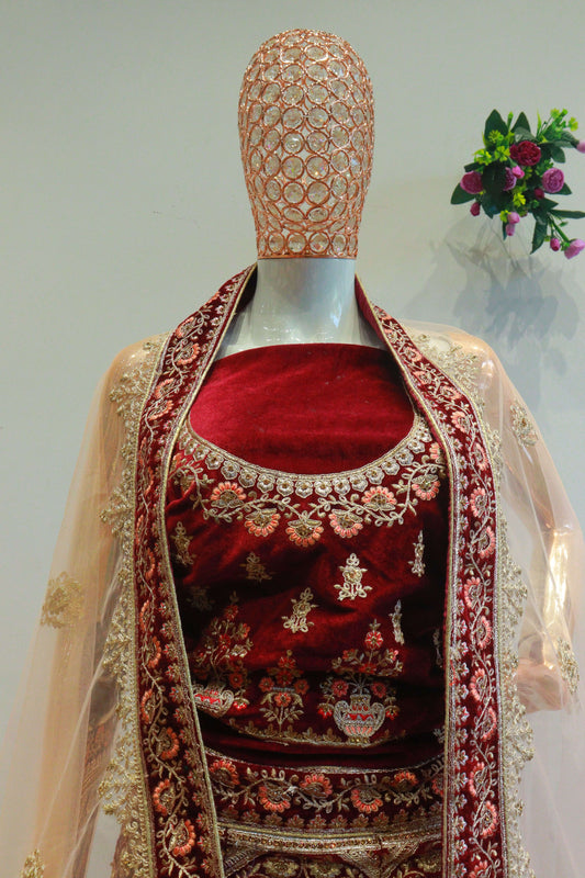 Wine Velvet Bridal Lehenga With Embroidery Work