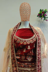 Wine Velvet Bridal Lehenga With Embroidery Work