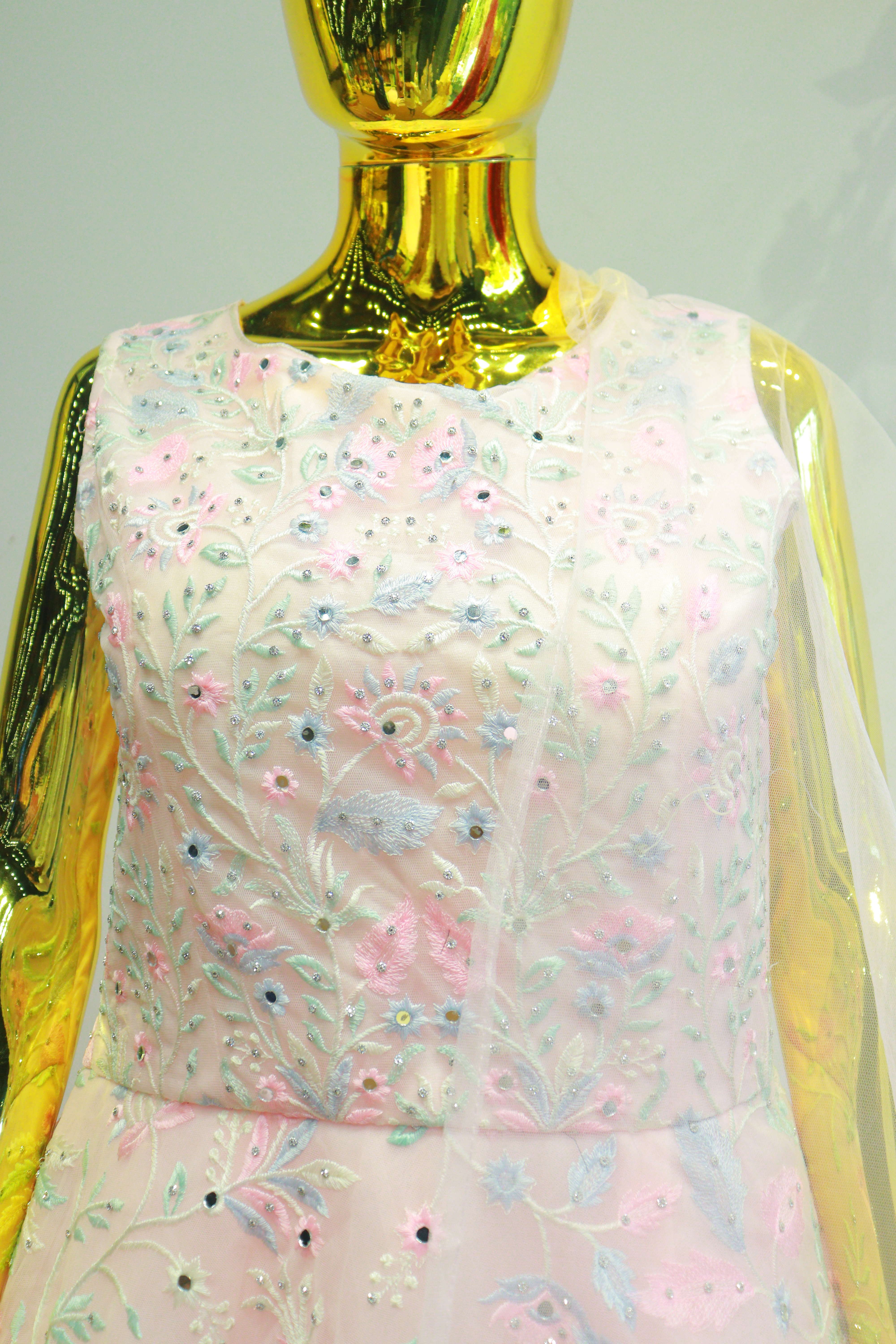 Baby Pink Net Gown With Embroidery Work