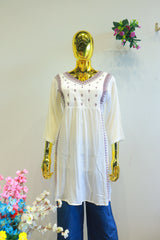 White Lilan Slub Top With Embroidery Work