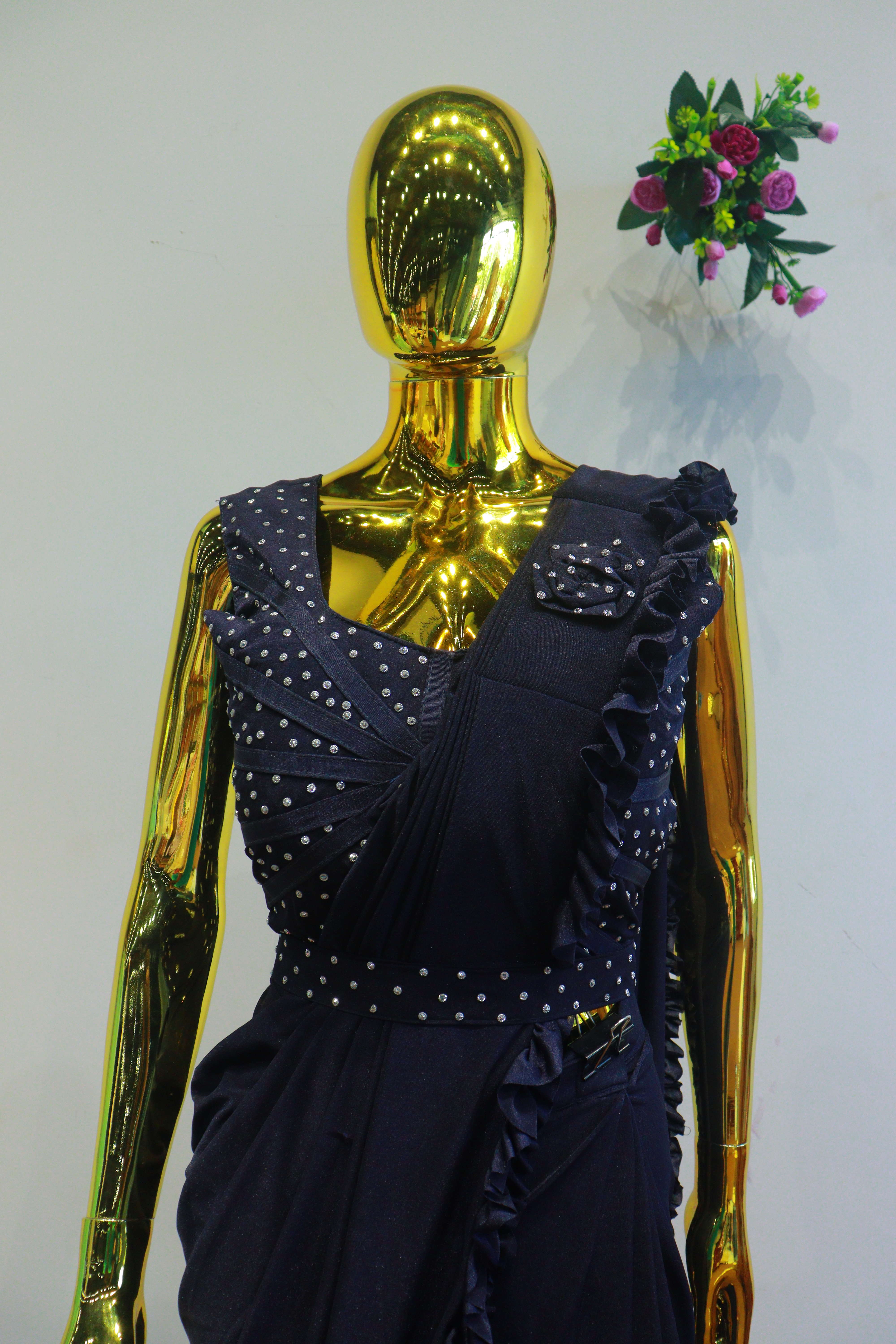 Navy Blue China Silk Ready To Wear Saree With Diamond Work Blouse